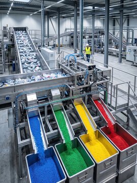 Industrial recycling line sorting plastic bottles and colored polymer flakes into bins. Automated recycling plant with conveyor belts. Plastic waste processing. Circular economy.