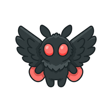 Cute black cryptid moth creature with red eyes on white background