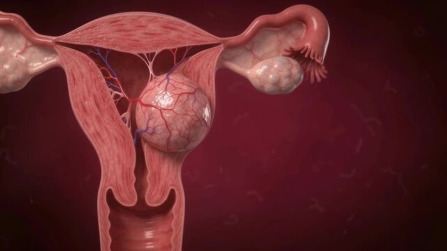 3D medical illustration of a human uterus with uterine fibroids and ovarian cysts.