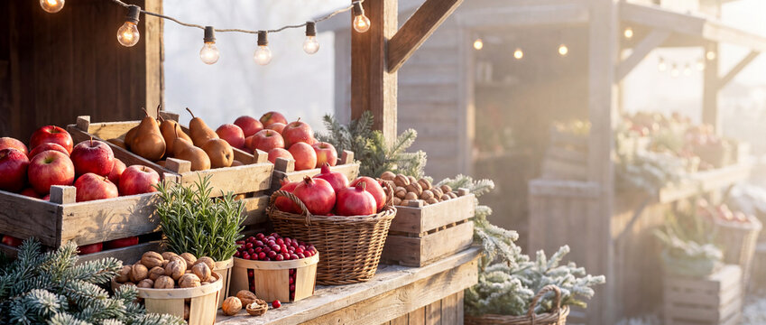 Rustic winter farm market stall with fresh apples, pears, pomegranates and nuts in wooden crates.