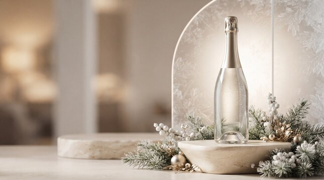 Luxury Christmas Sparkling Beverage Bottle with Frosted Evergreen and Champagne Gold Holiday Display