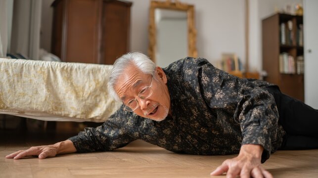 Elderly Asian male falls on the floor inside a home and struggles to get up after losing balance