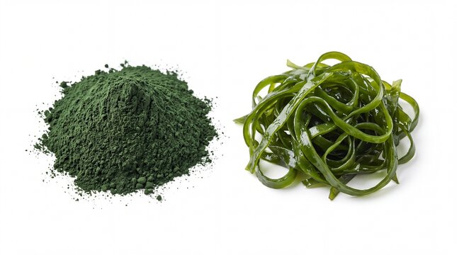 Spirulina powder pile beside fresh green kelp seaweed strands isolated on white background