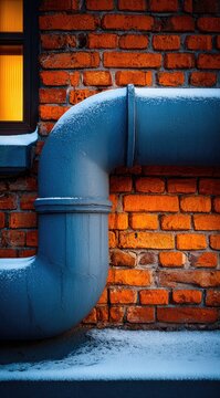 Frozen pipe against a brick wall at twilight. Snow on the ground