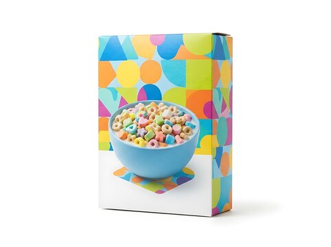 Cereal box packaging displays vibrant geometric patterns and nutritious breakfast bowl illustration.