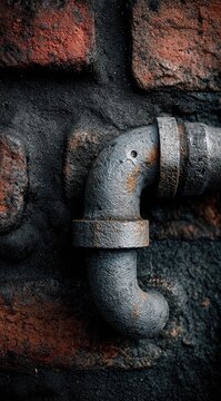 Close-up of a rusty metal pipe elbow affixed to a brick wall