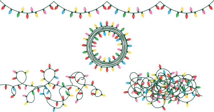 Christmas lights string vector illustration set with colorful glowing bulbs on white background