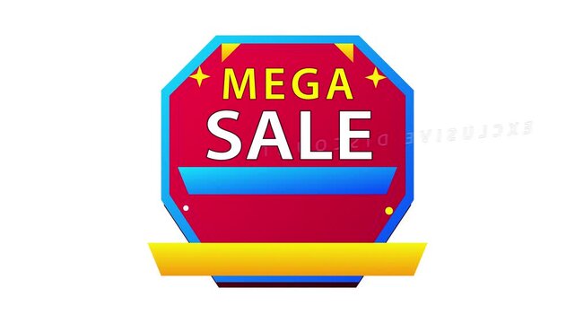Red octagon shaped promotional badge with inverted text and gold ribbon banner sales badge promotional
