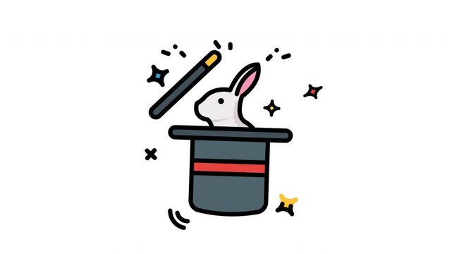 Magician hat with wand and rabbit popping out on transparent background