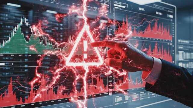 Man pointing at glowing red warning triangle on digital stock market data screen, risk analysis