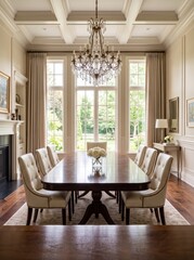 Obraz premium Elegant dining room with long table beneath crystal chandelier and tall garden-facing windows. Formal interior design. Refined home dining and entertaining. Classic residential architecture.