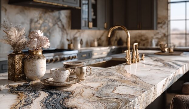 Luxurious kitchen countertop with decorative items