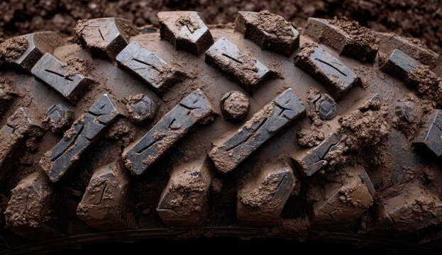 Close-up of a mud-caked off-road tire tread