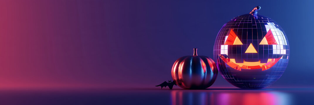 Wide commercial web banner for a Halloween party with a glowing disco pumpkin and bat