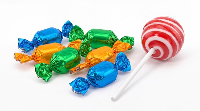 Colorful assorted wrapped hard candies alongside a large red striped lollipop on white background