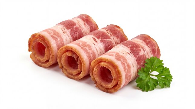 Delicious rolled smoked bacon slices garnished with fresh green parsley leaves on white background