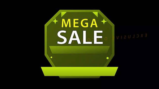 Green mega sale promotional sign with exclusive discount and half price offer marketing label price reduction