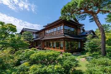 Fototapeta premium 伝統的な日本家屋と美しい日本庭園が広がる風景