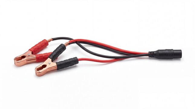 Heavy duty jumper cables with copper clamps and insulated handles isolated on white background