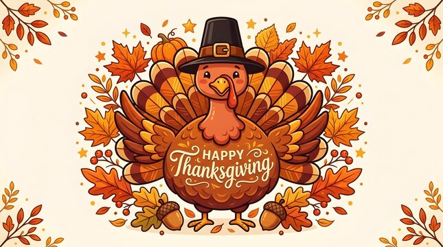 Festive thanksgiving turkey illustration surrounded by colorful autumn leaves and floral elements