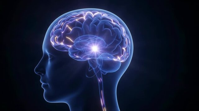 3D animation of a glowing human brain inside a head profile with neural activity and light pulses on a dark background.