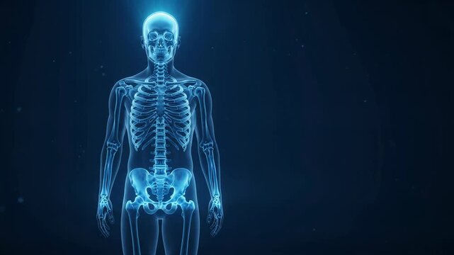 3D animation of a glowing blue human skeleton with highlighted skull for medical visualization.