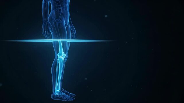Medical 3D animation of a human skeleton body scan focusing on the legs and feet with a glowing scanning line on a dark background.