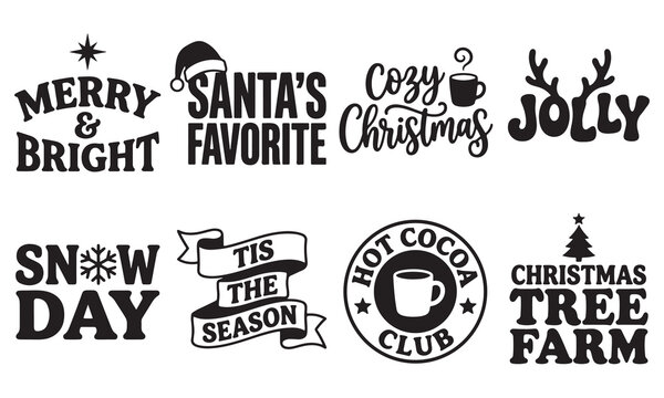 Set of eight christmas holiday typography including merry and bright, santa's favorite, cozy christmas, jolly, snow day, tis the season, hot cocoa club, and christmas tree farm