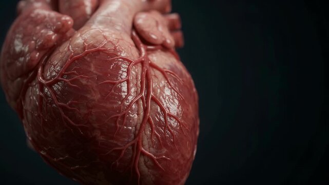 A highly detailed 3D animation of a human heart with realistic muscle tissue and blood vessels against a dark background.