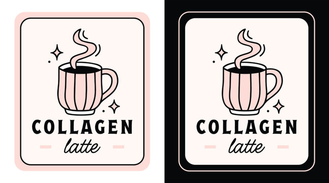 Collagen latte label peptide protein hot drink pink logo for mix tag sticker coffee shop packaging design template. Warm milk cup cozy beverage aesthetic black drawing beauty glow cafe poster print.