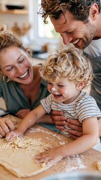 Family laughs while kneading dough together