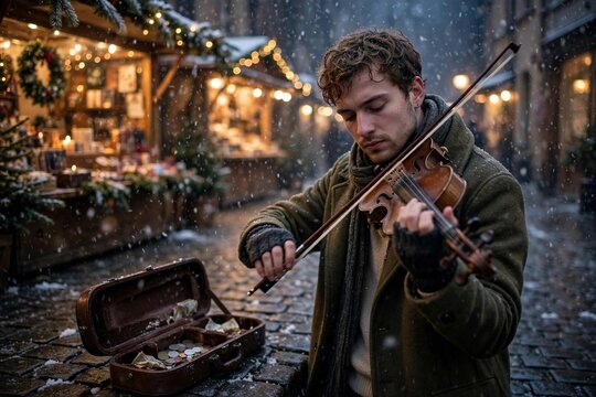Young street violinist playing in falling snow at a Christmas night market with open coin case