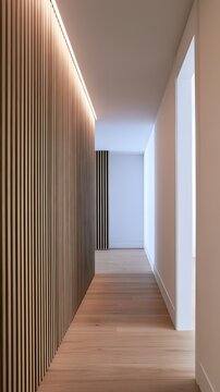 Modern hallway with oak wood slatted wall and hidden LED lighting