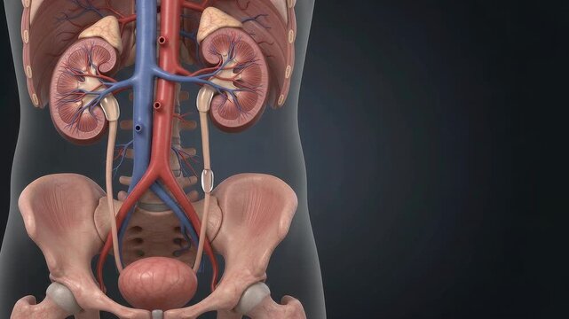 3D medical illustration showing the anatomy of the human urinary system with kidneys, bladder, and major vessels.