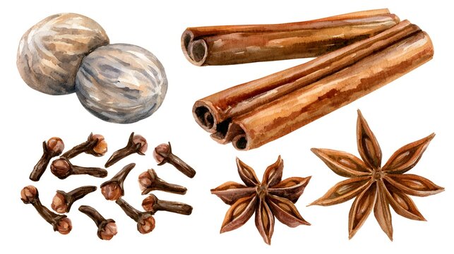 Watercolor collection of nutmeg, cinnamon sticks, cloves and star anise