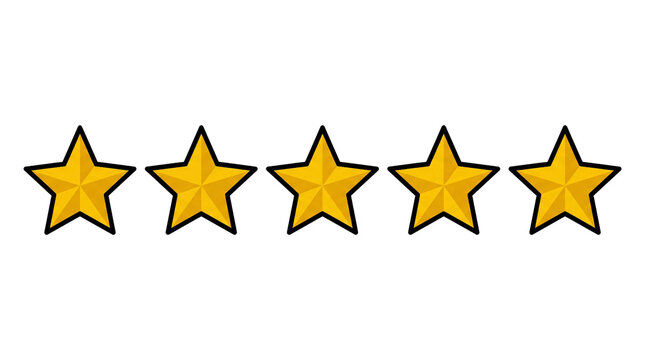 Five star rating system icon row, gold stars feedback concept, customer satisfaction evaluation graphic on white background