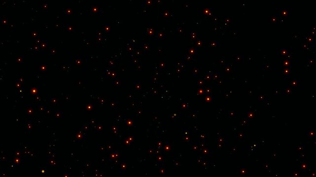 Hot fire sparks rising up slowly upwards animation over black background. Floating Orange Fire particles flame and ashes moving fast. Burning Cinematic ash particles overlay looping in fiery sky.