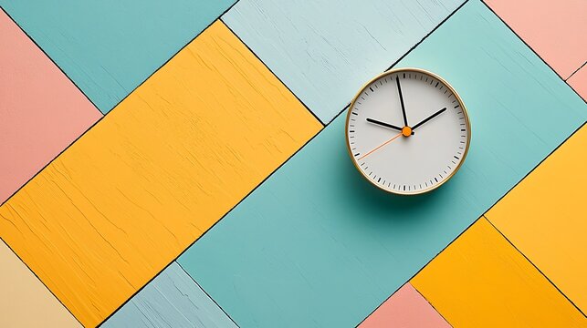 White analog clock on colorful diagonal wooden plank background.