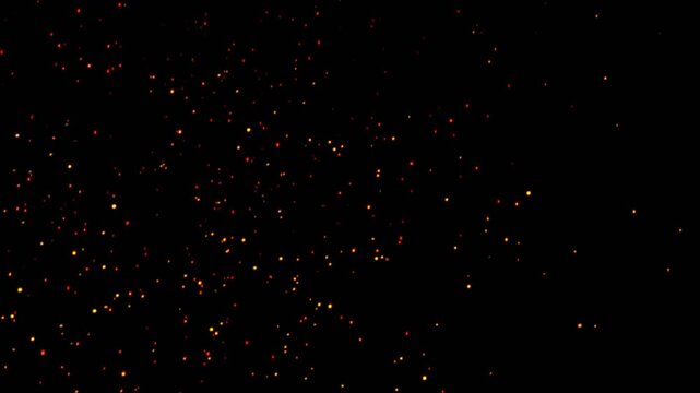 Hot fire sparks rising up slowly upwards animation over black background. Floating Orange Fire particles flame and ashes moving fast. Burning Cinematic ash particles overlay looping in fiery sky.