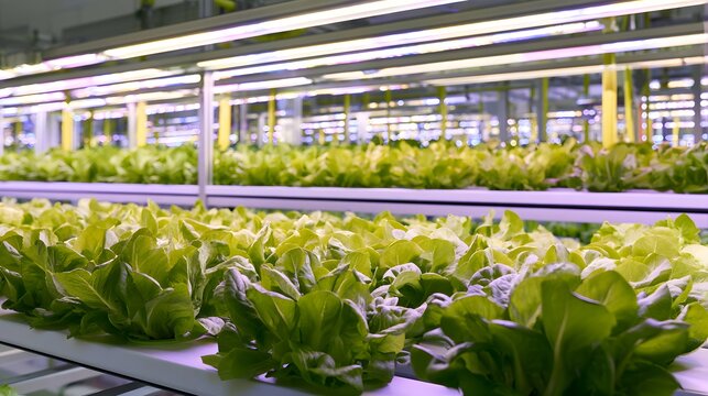 Rows of green lettuce in vertical hydroponic farm with LED lights