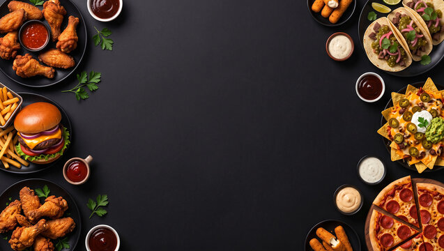 Fast Food Border with Pizza, Burger, Chicken Wings, Tacos and Nachos on Black Background with Copy Space