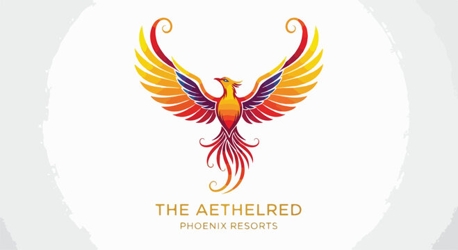 A vibrant and majestic phoenix logo with spread wings, featuring red, orange, and yellow hues, for The Aethelred Phoenix Resorts.