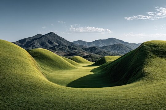 Lush green hills undulate under a clear sky, backed by a dramatic mountain range, creating a serene landscape showcasing nature's beauty and tranquility