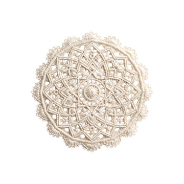 Decorative beige lace doily with intricate floral pattern transparent background