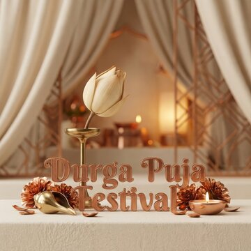 Elegant durga puja festival decoration with golden lotus, deepak lamp and goddess durga text in luxurious setting.