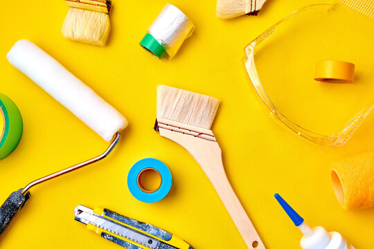 Painting Tools on Yellow Background