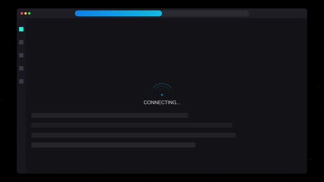 Minimalist dark mode user interface showing a connecting status with a progress bar and skeleton loader for modern software application design