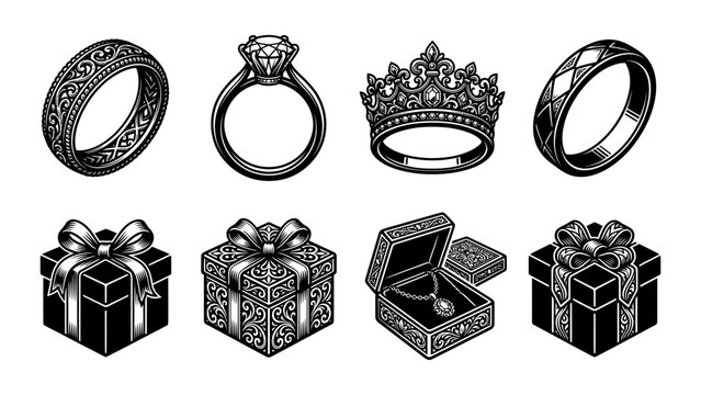 Black and white vector icon set of luxury jewelry rings and gift boxes for elegant celebrations with jewelry ring gift box diamond ring wedding ring present box