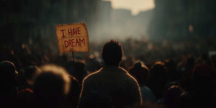 Happy Martin Luther King Day. A protester holds a sign with the inscription I have a dream MLK Day, Dr. King Patriot Day US. High quality