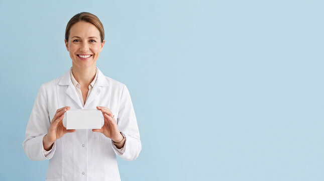 A smiling female doctor wearing a white lab coat standing against a light blue background, ad social media download thambnail poster web template event festival 2026 2027 2028